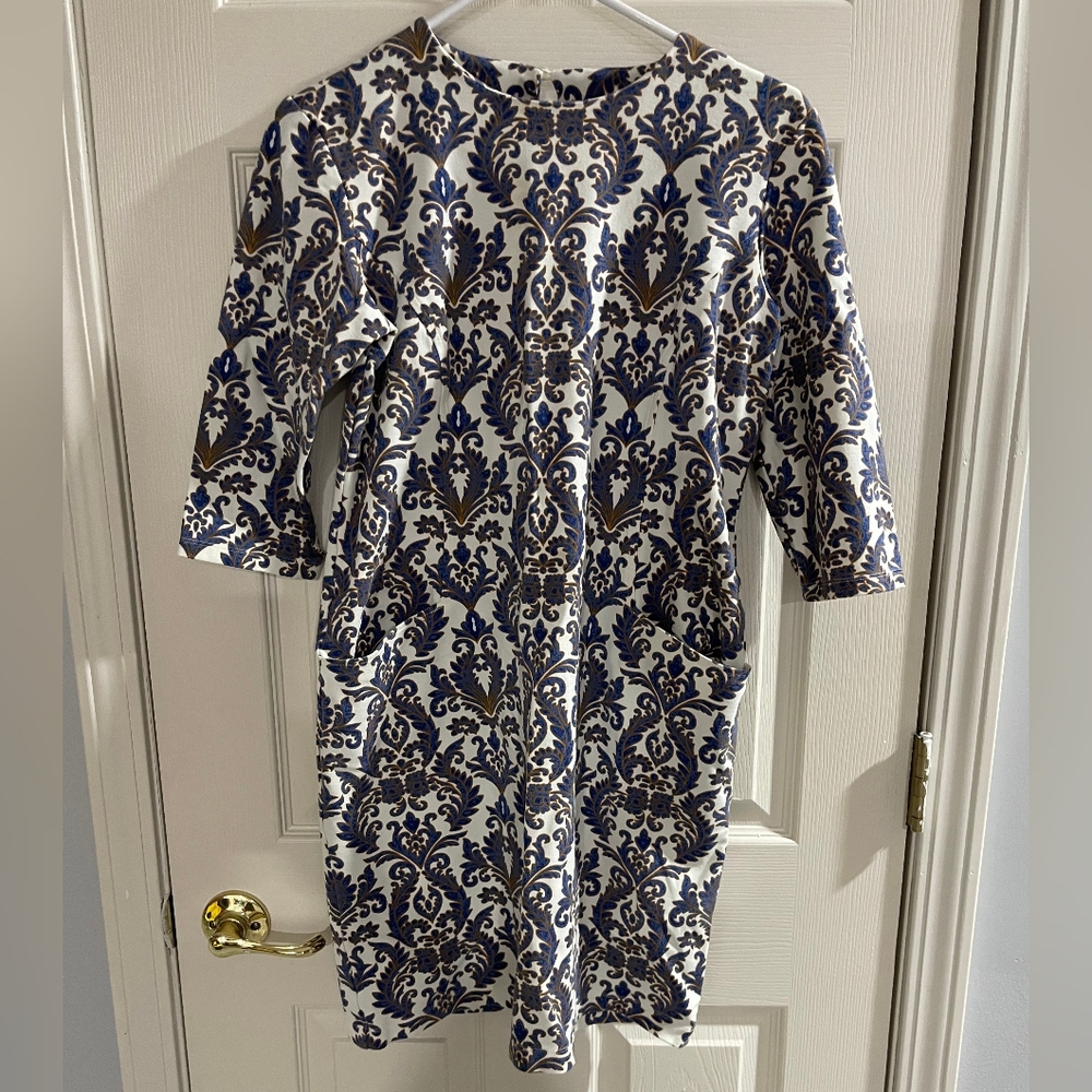 J. McLaughlin Catalyst Dress Midi Pockets 3/4‎ Sleeve Crew Bainbridge Fitted Med